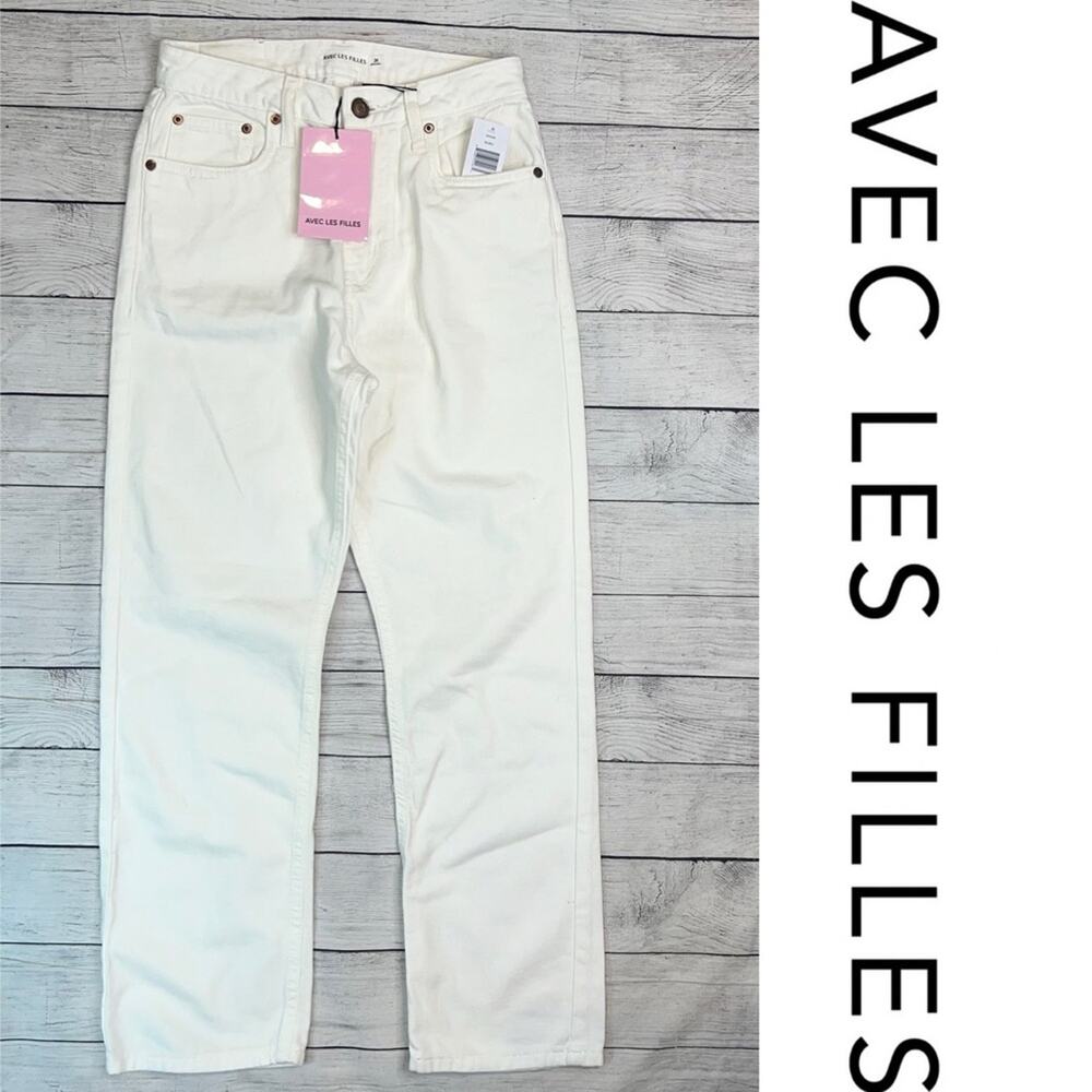 Avec Les Filles NWT High Rise Cropped Straight Leg Jeans Color Ecru Size 26